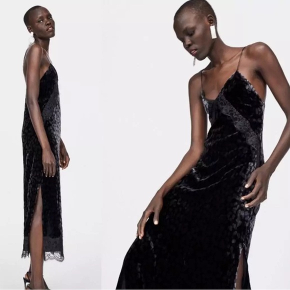 ZARA ~ Velvet black | gray with lace trim dress - Picture 3 of 8